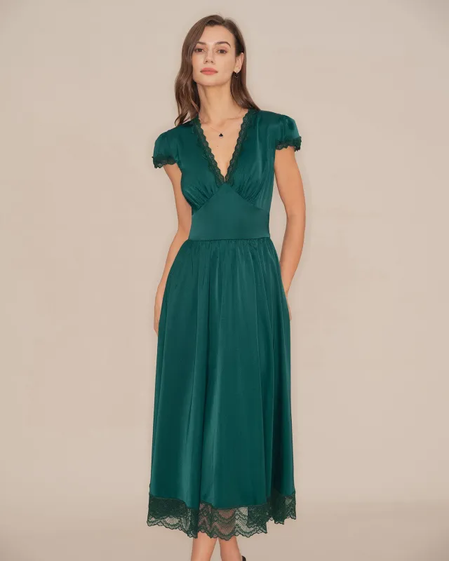 Green V Neck Lace Maxi Dress sold by rihoas
