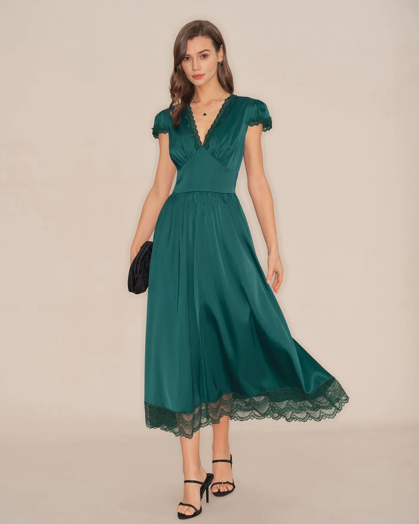 Green V Neck Lace Maxi Dress sold by rihoas product image thumbnail 2