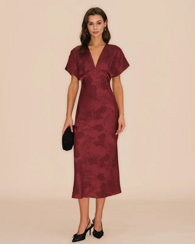 Wine Red V Neck Jacquard Midi Dress sold by rihoas