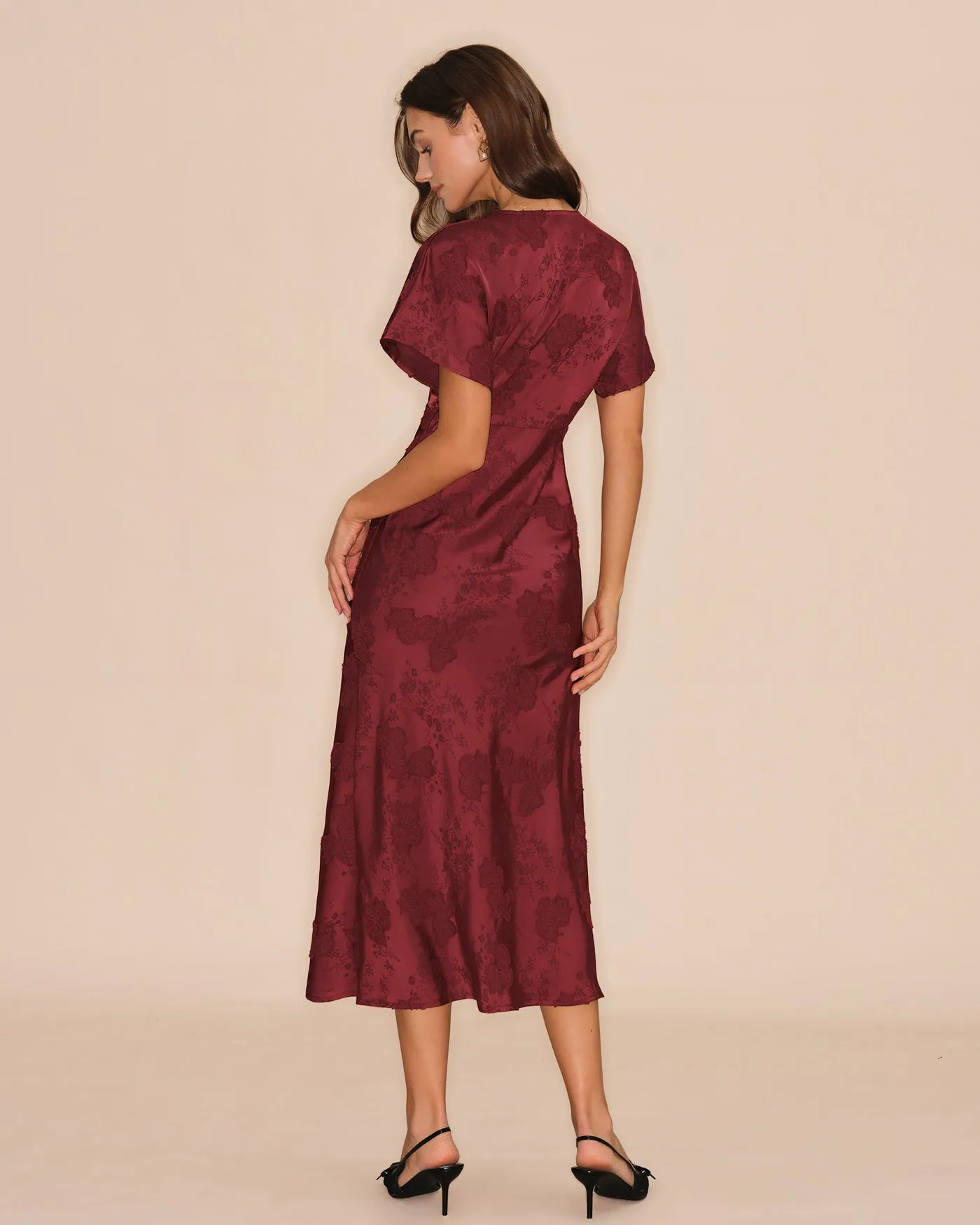 Wine Red V Neck Jacquard Midi Dress sold by rihoas product image thumbnail 5