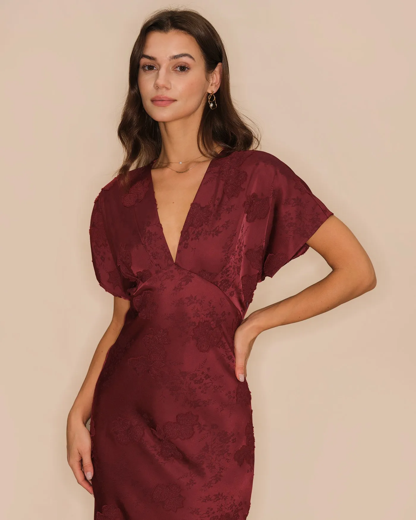 Wine Red V Neck Jacquard Midi Dress sold by rihoas product image thumbnail 2