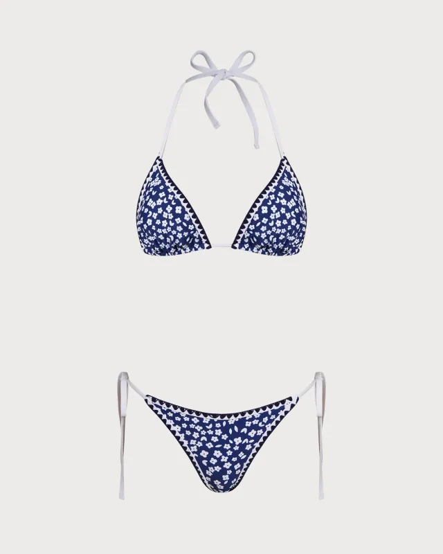 Blue Halter Floral Triangle Bikini Set sold by rihoas