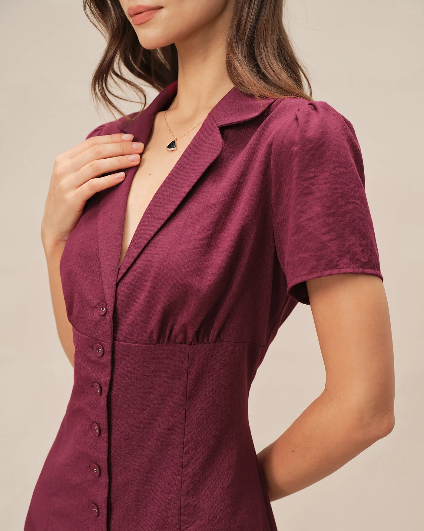 Red V Neck Button Mini Dress sold by rihoas product image thumbnail 2