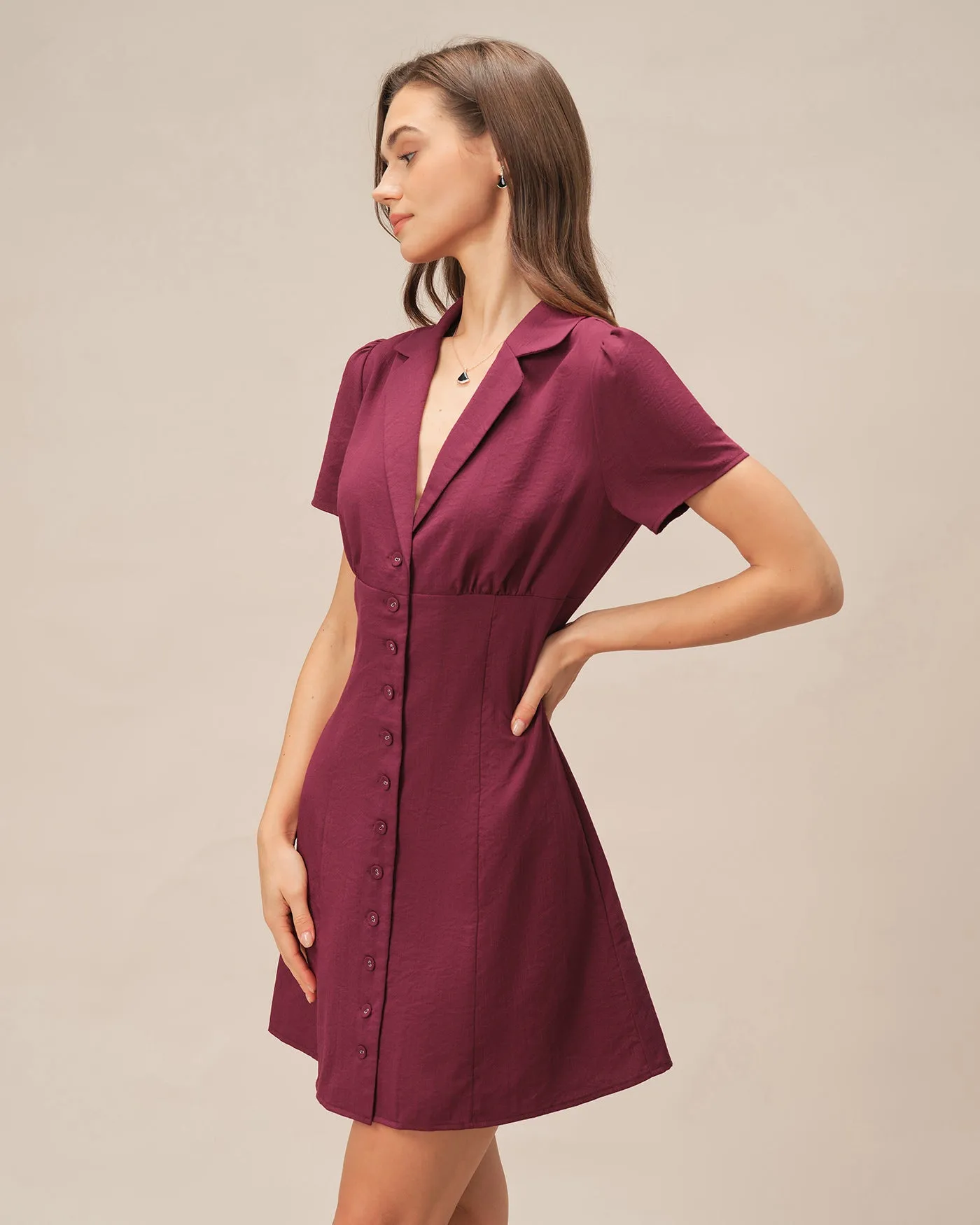 Red V Neck Button Mini Dress sold by rihoas product image thumbnail 3