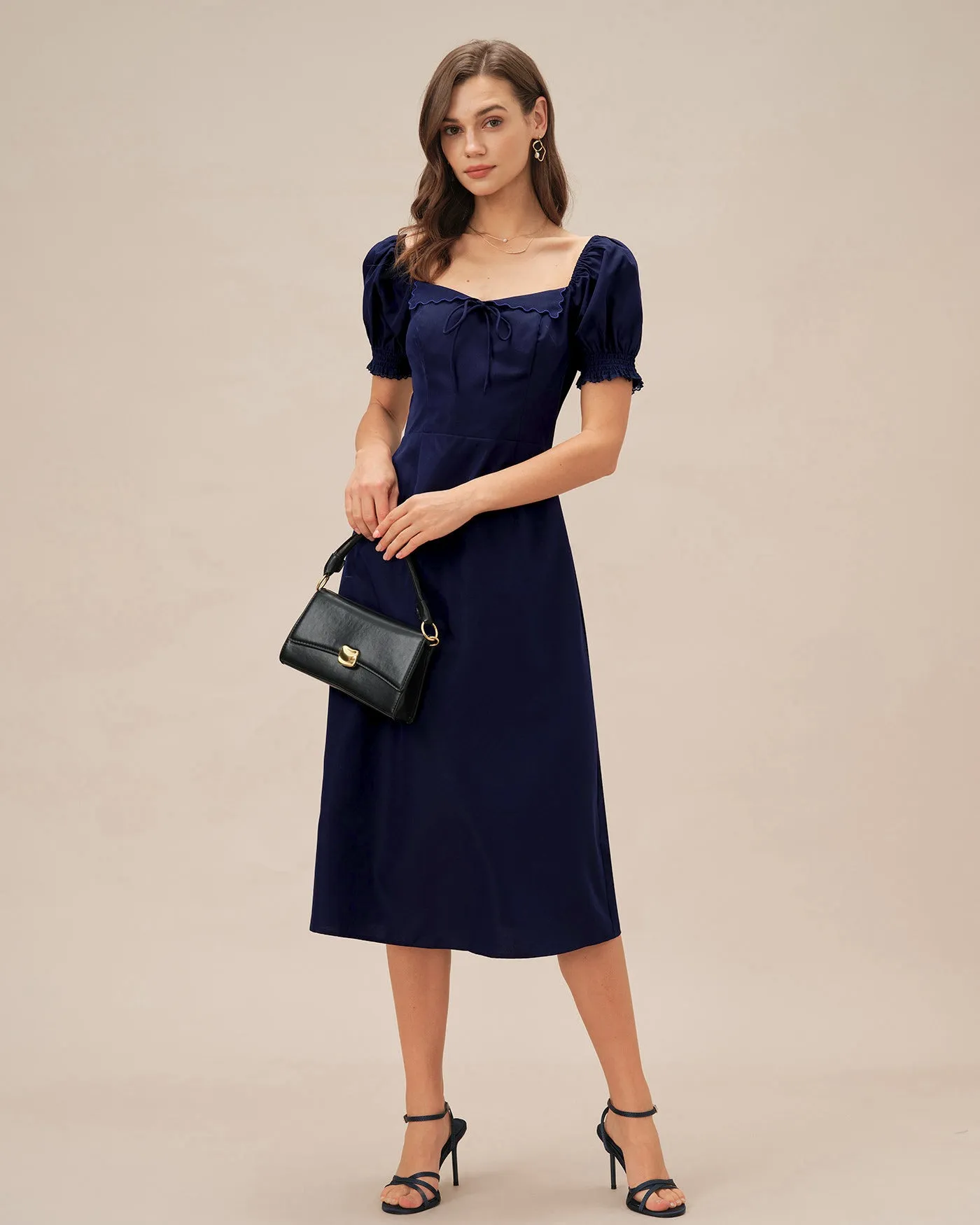 Navy V Neck Puffed Sleeve Midi Dress sold by rihoas product image thumbnail 3