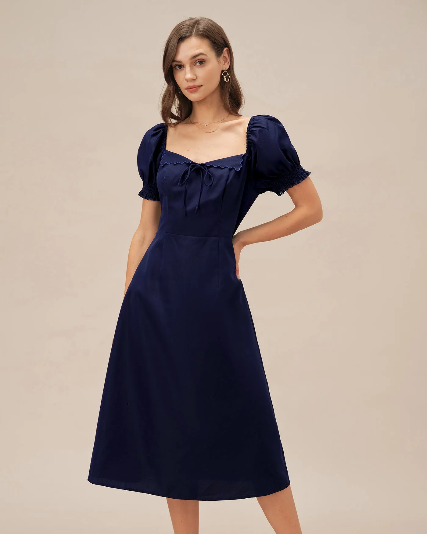 Navy V Neck Puffed Sleeve Midi Dress sold by rihoas