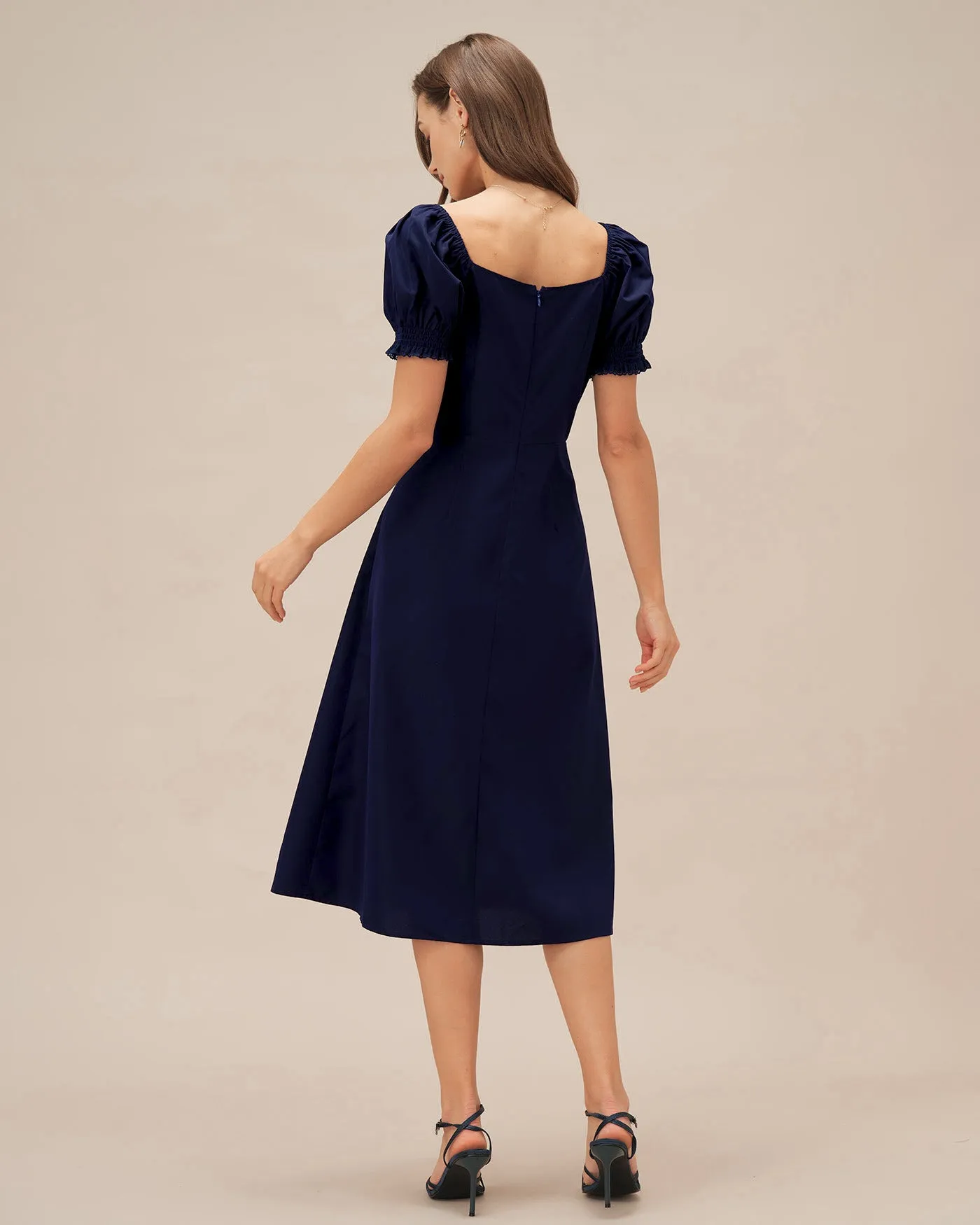 Navy V Neck Puffed Sleeve Midi Dress sold by rihoas product image thumbnail 4