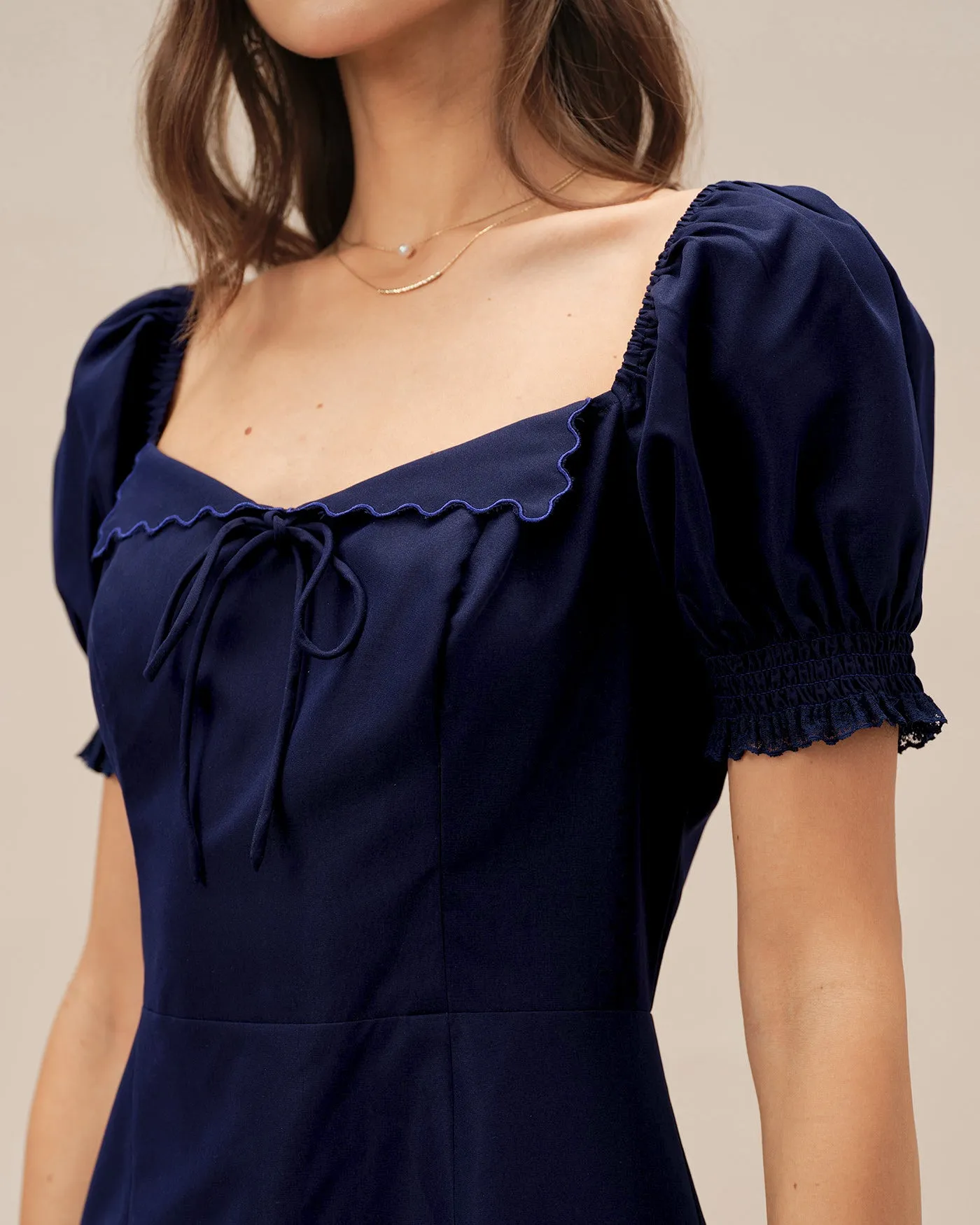 Navy V Neck Puffed Sleeve Midi Dress sold by rihoas product image thumbnail 2