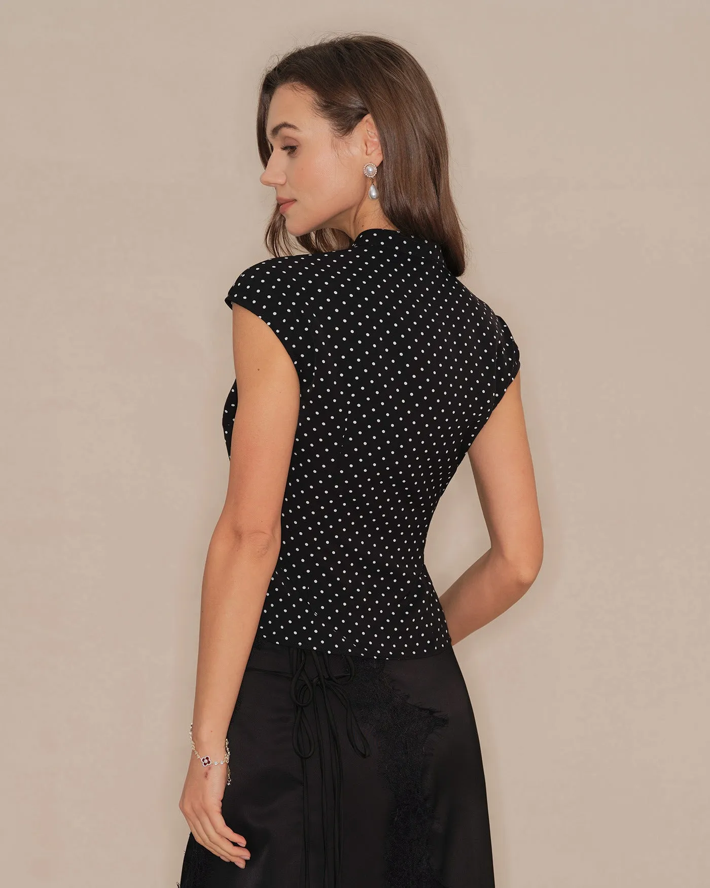 Black Polka Dot Mandarin Collar Tee sold by rihoas product image thumbnail 3