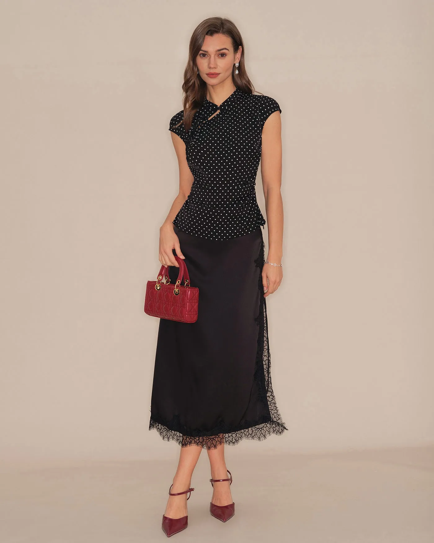 Black Polka Dot Mandarin Collar Tee sold by rihoas product image thumbnail 4