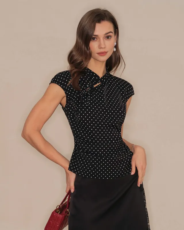 Black Polka Dot Mandarin Collar Tee sold by rihoas