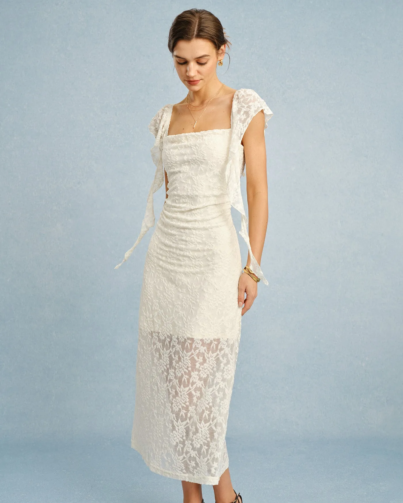 Apricot Textured Floral Ruffle Slip Midi Dress sold by rihoas product image thumbnail 4