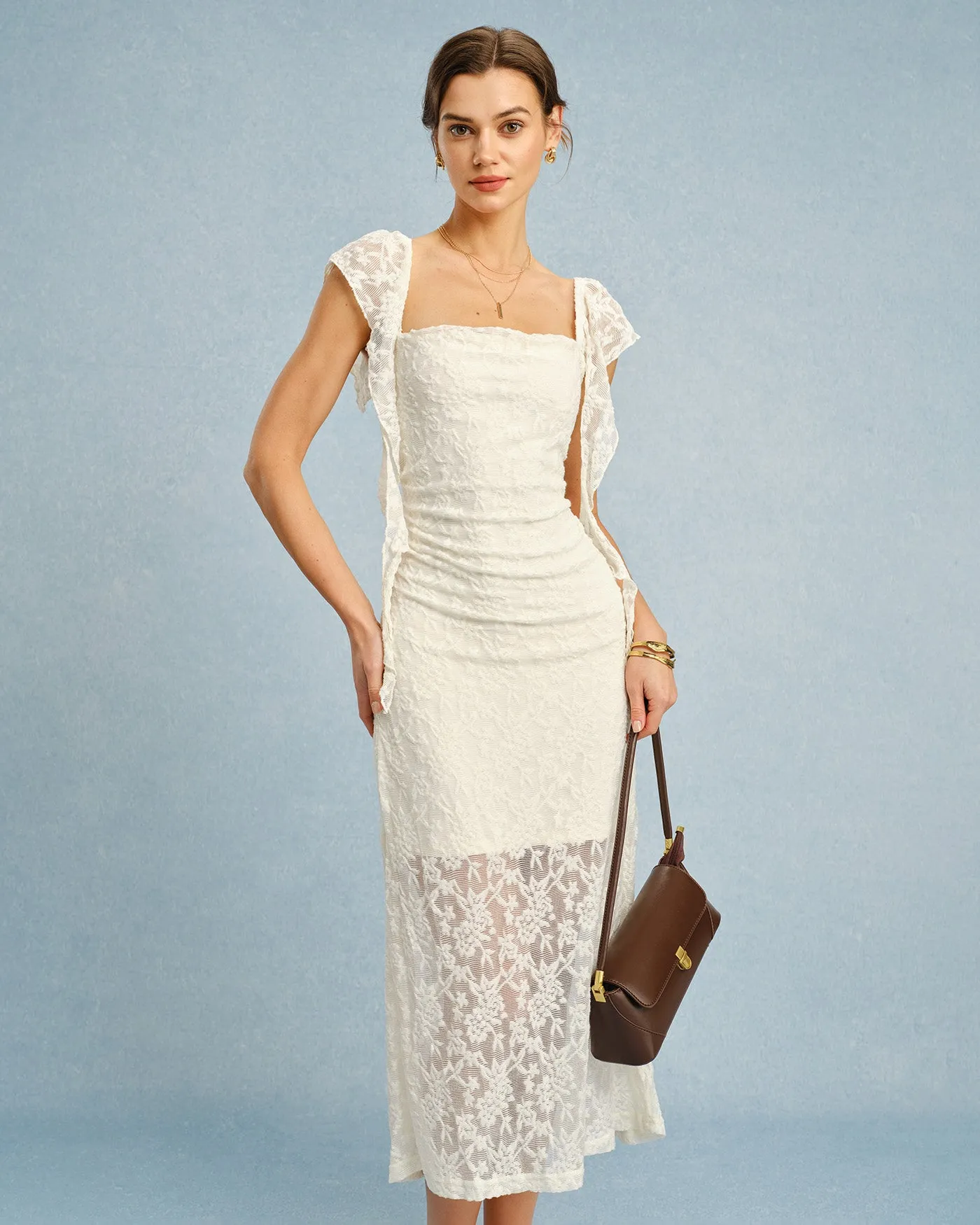 Apricot Textured Floral Ruffle Slip Midi Dress sold by rihoas