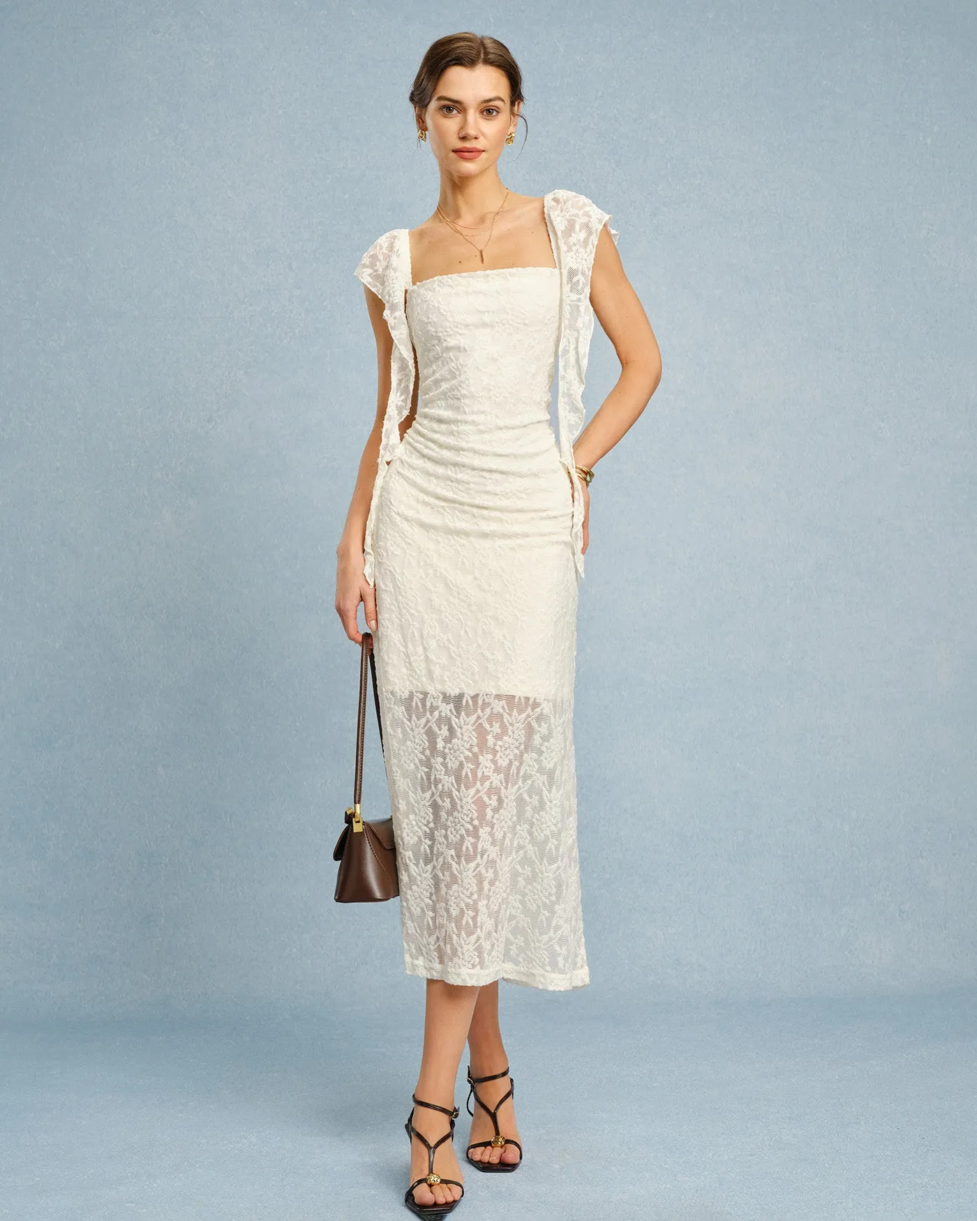 Apricot Textured Floral Ruffle Slip Midi Dress sold by rihoas product image thumbnail 5