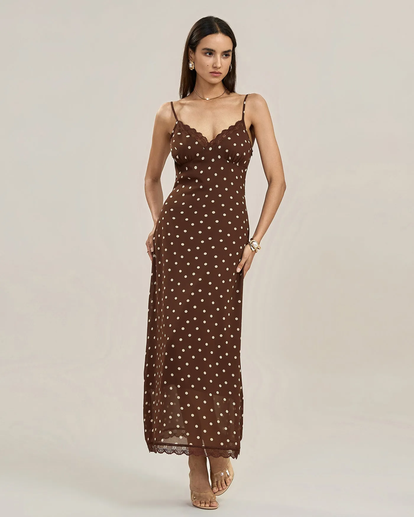 Coffee Polka Dot Lace Slip Maxi Dress sold by rihoas product image thumbnail 3