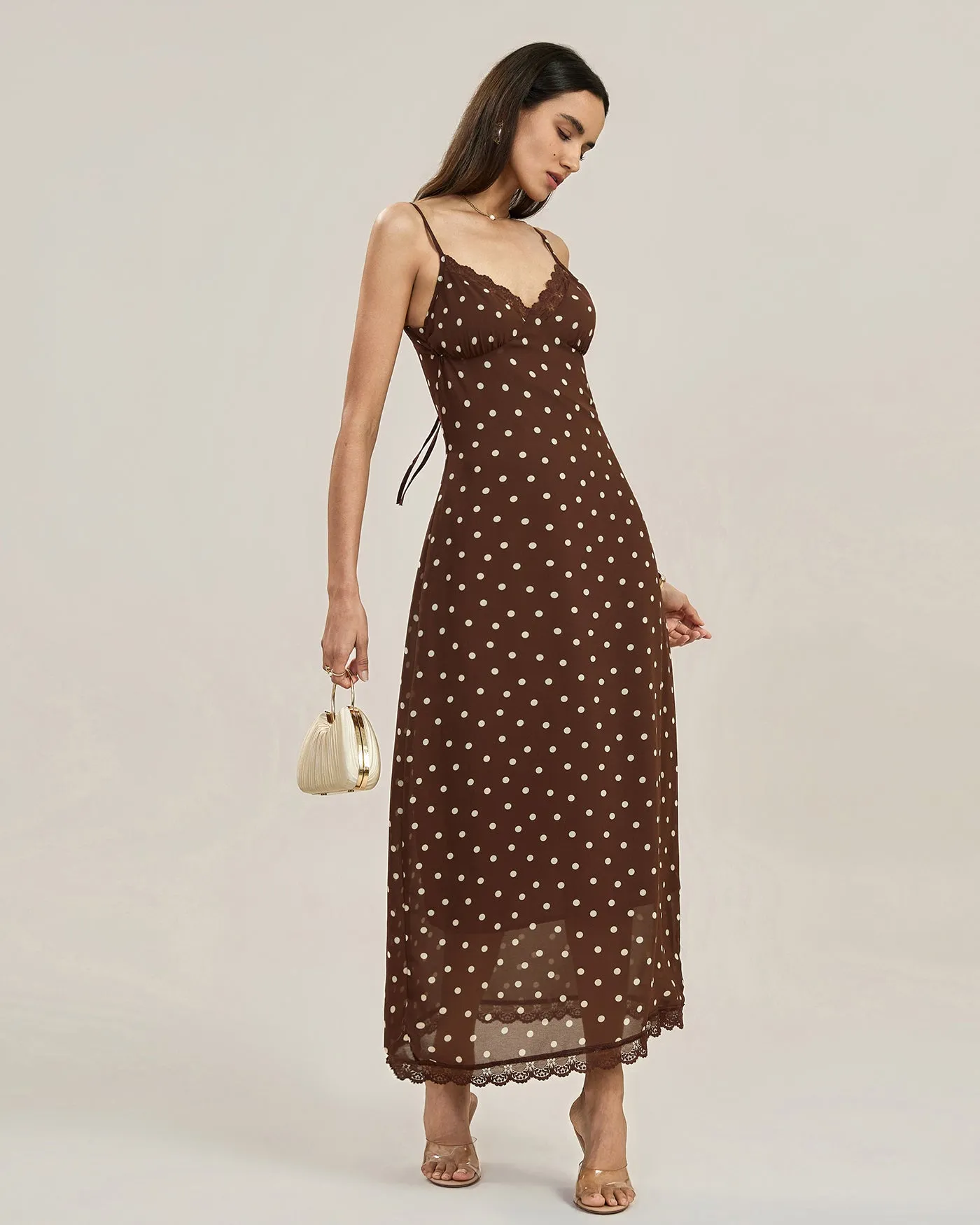 Coffee Polka Dot Lace Slip Maxi Dress sold by rihoas product image thumbnail 4