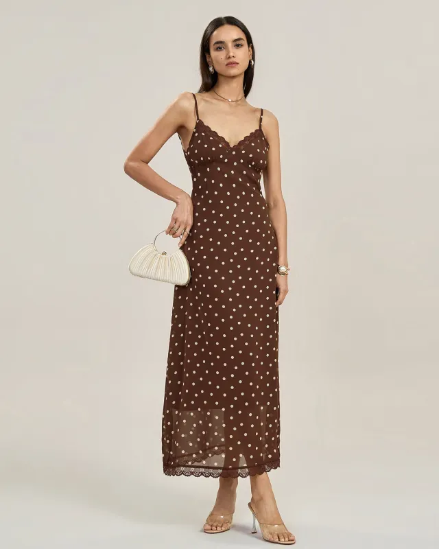 Coffee Polka Dot Lace Slip Maxi Dress made by rihoas