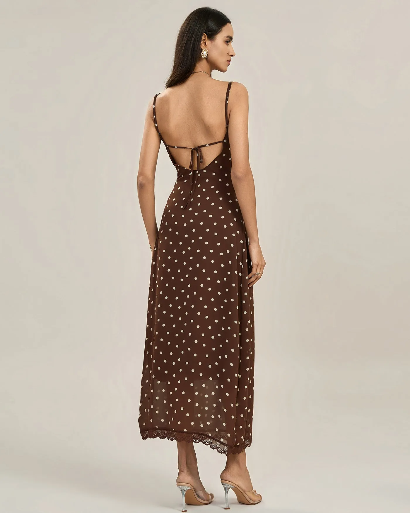 Coffee Polka Dot Lace Slip Maxi Dress sold by rihoas product image thumbnail 5