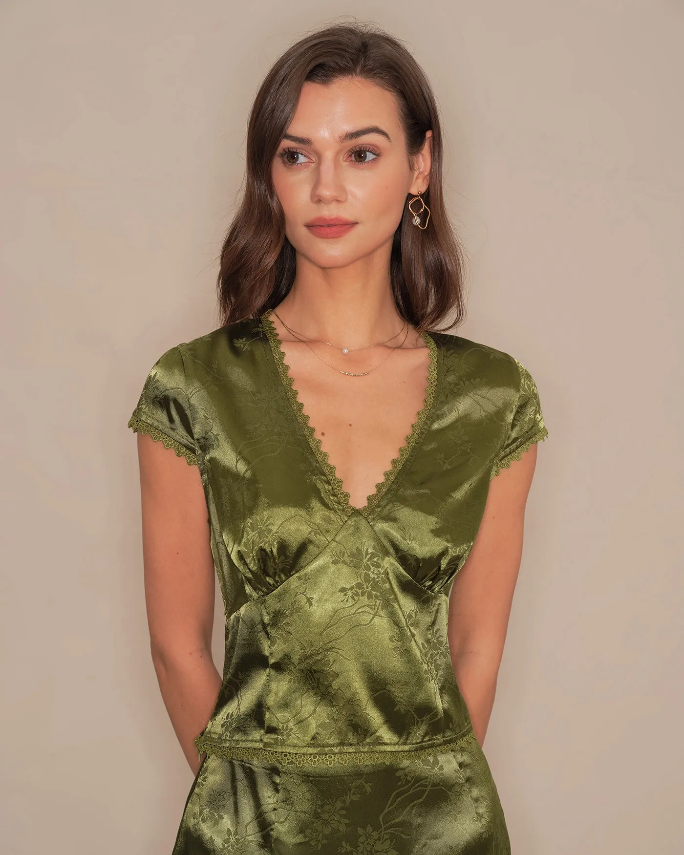 Green V Neck Floral Satin Tee sold by rihoas product image thumbnail 3