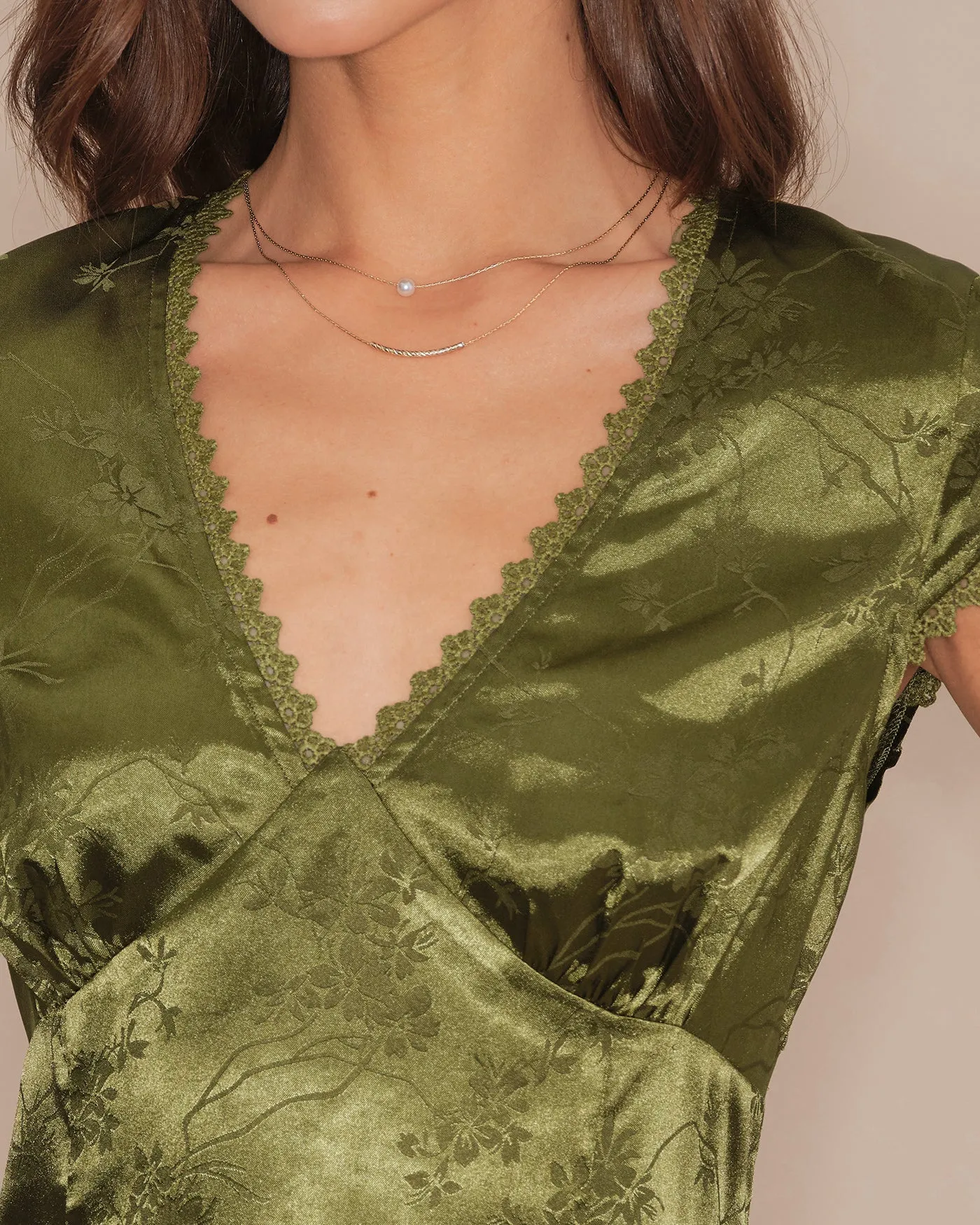 Green V Neck Floral Satin Tee sold by rihoas product image thumbnail 2