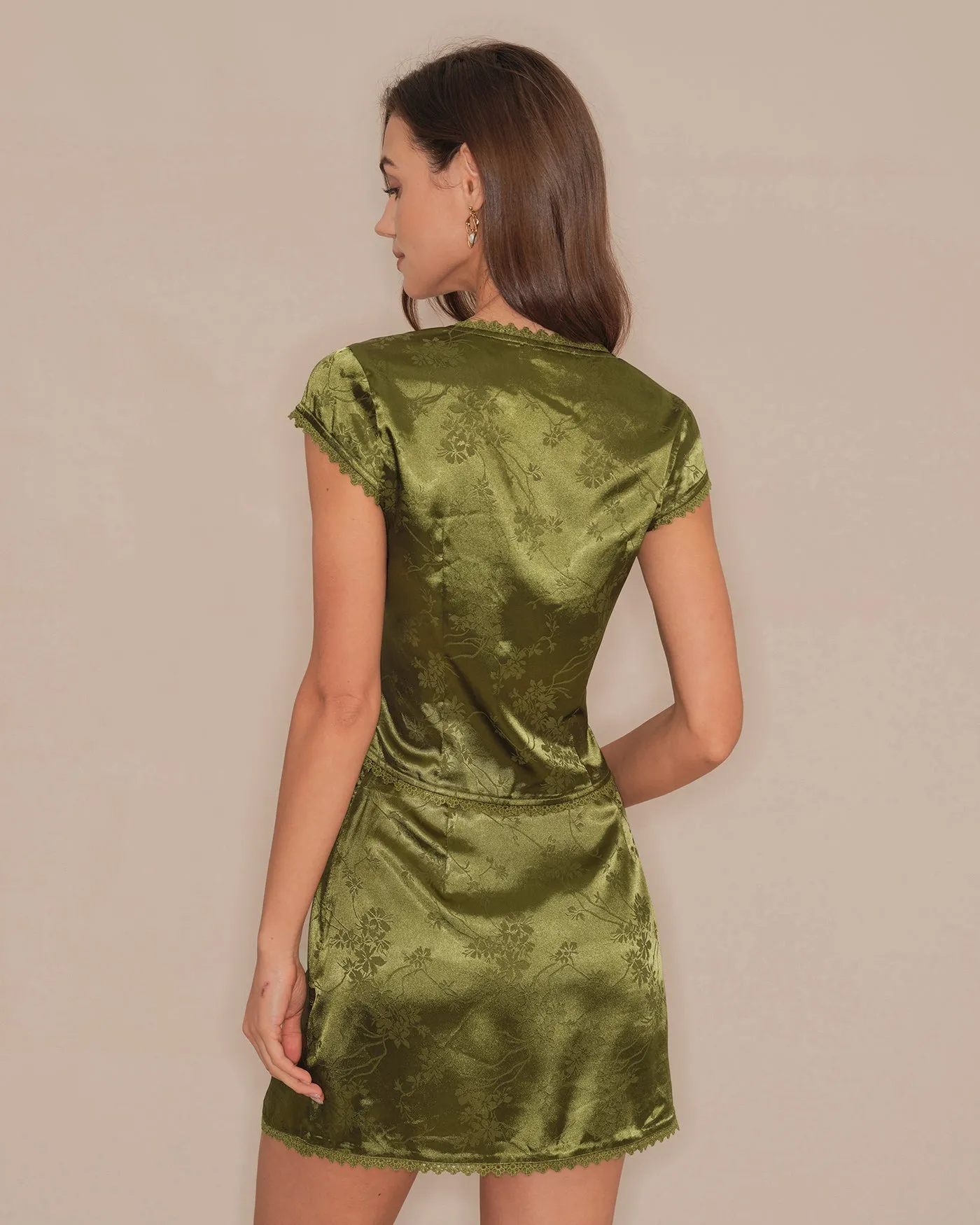 Green V Neck Floral Satin Tee sold by rihoas product image thumbnail 4