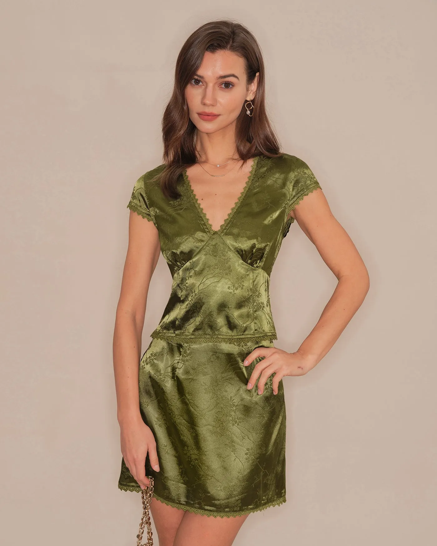 Green V Neck Floral Satin Tee sold by rihoas