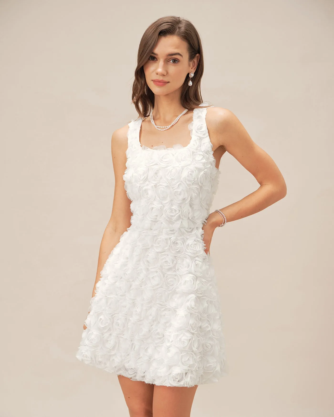 White Square Neck Floral A-Line Mini Dress sold by rihoas