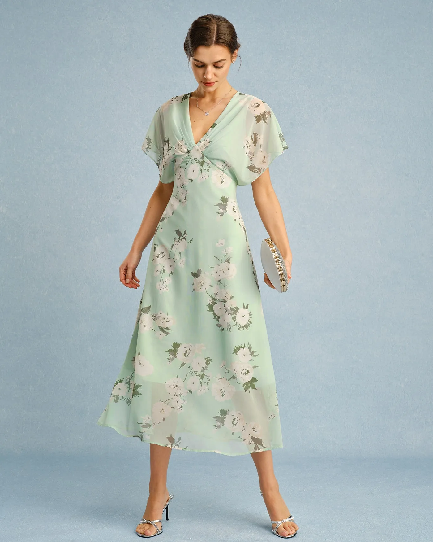 Green V Neck Floral Chiffon Midi Dress sold by rihoas product image thumbnail 5