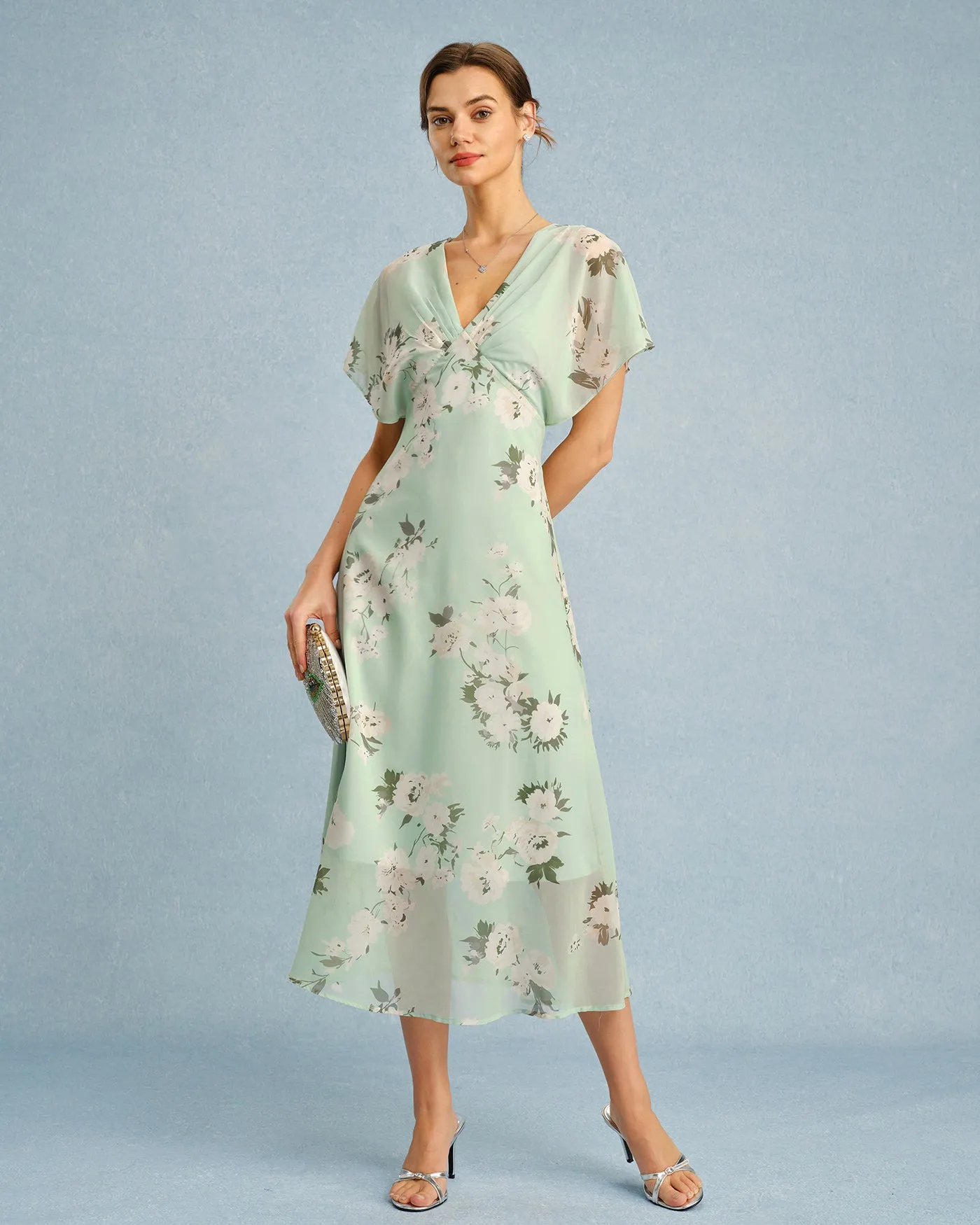 Green V Neck Floral Chiffon Midi Dress sold by rihoas product image thumbnail 3