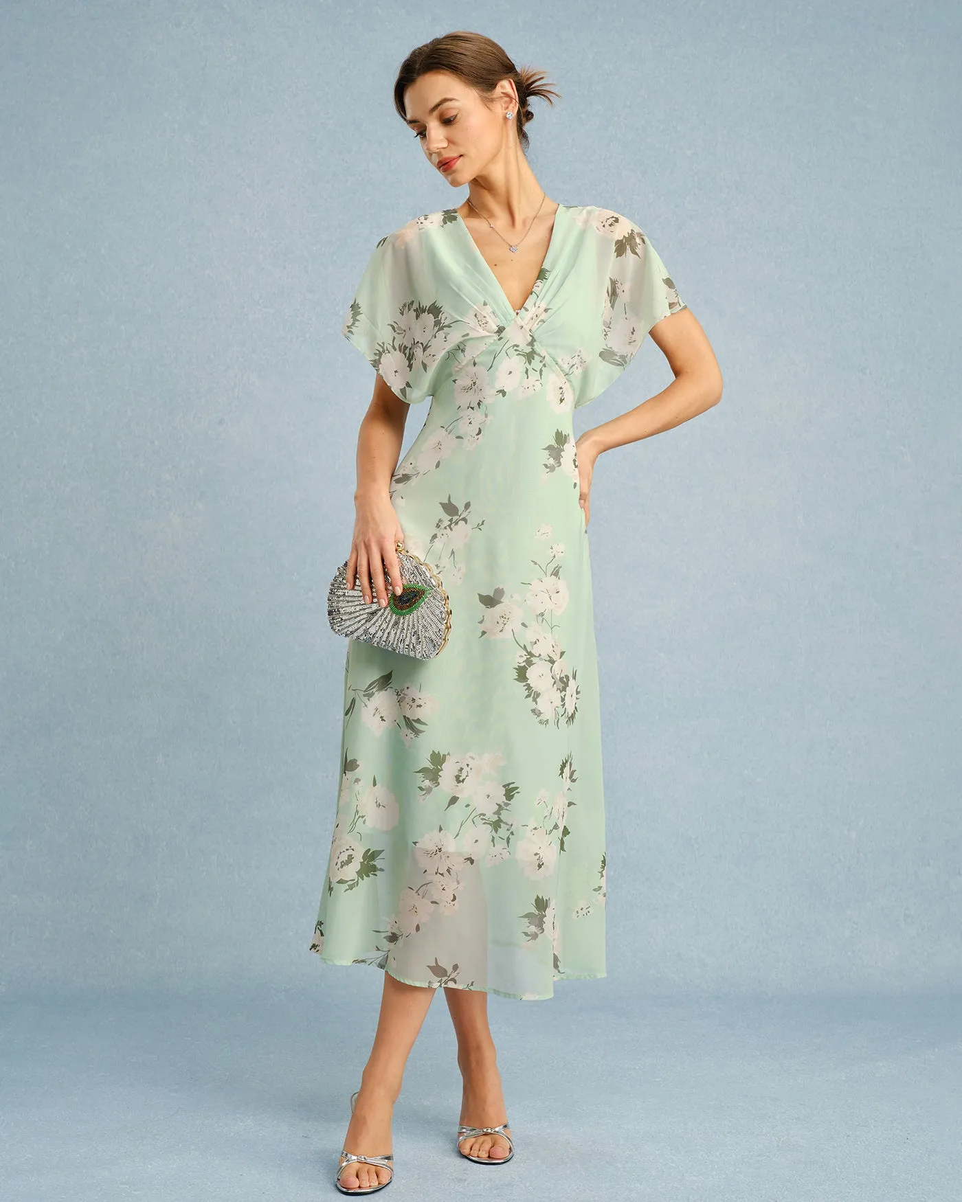 Green V Neck Floral Chiffon Midi Dress sold by rihoas