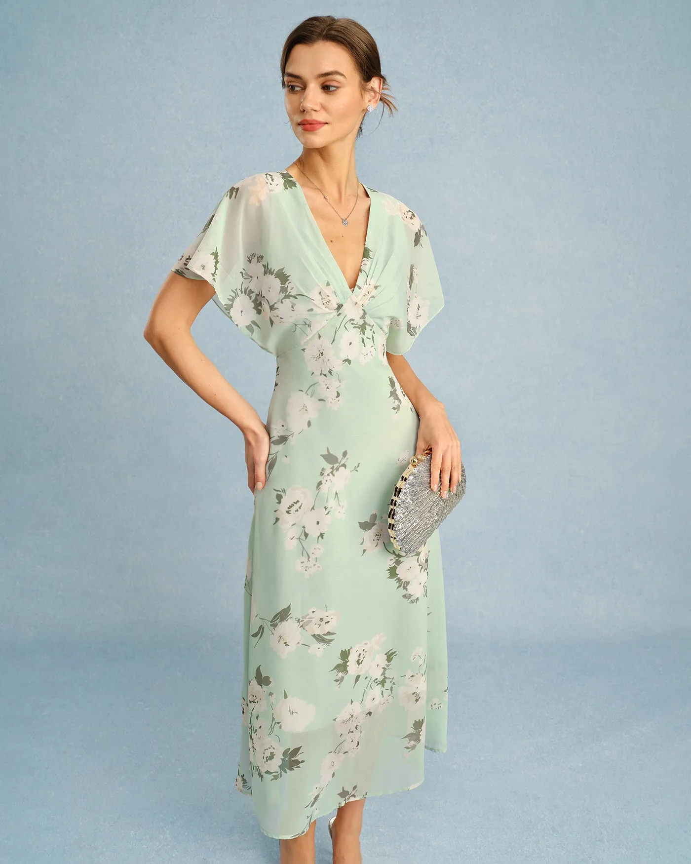 Green V Neck Floral Chiffon Midi Dress sold by rihoas product image thumbnail 4