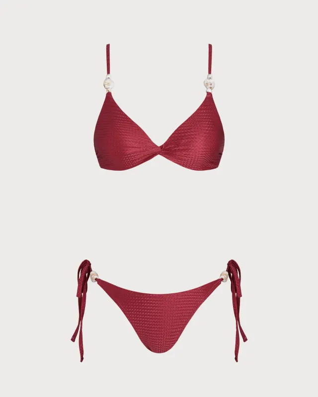 Red V Neck Triangle Drawstring Bikini Set sold by rihoas