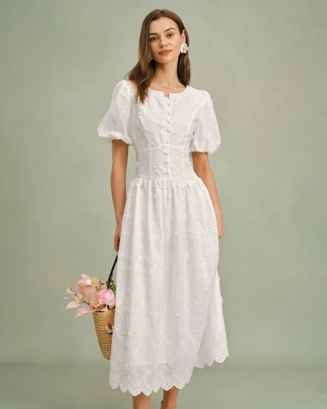White Round Neck Floral Midi Dress sold by rihoas
