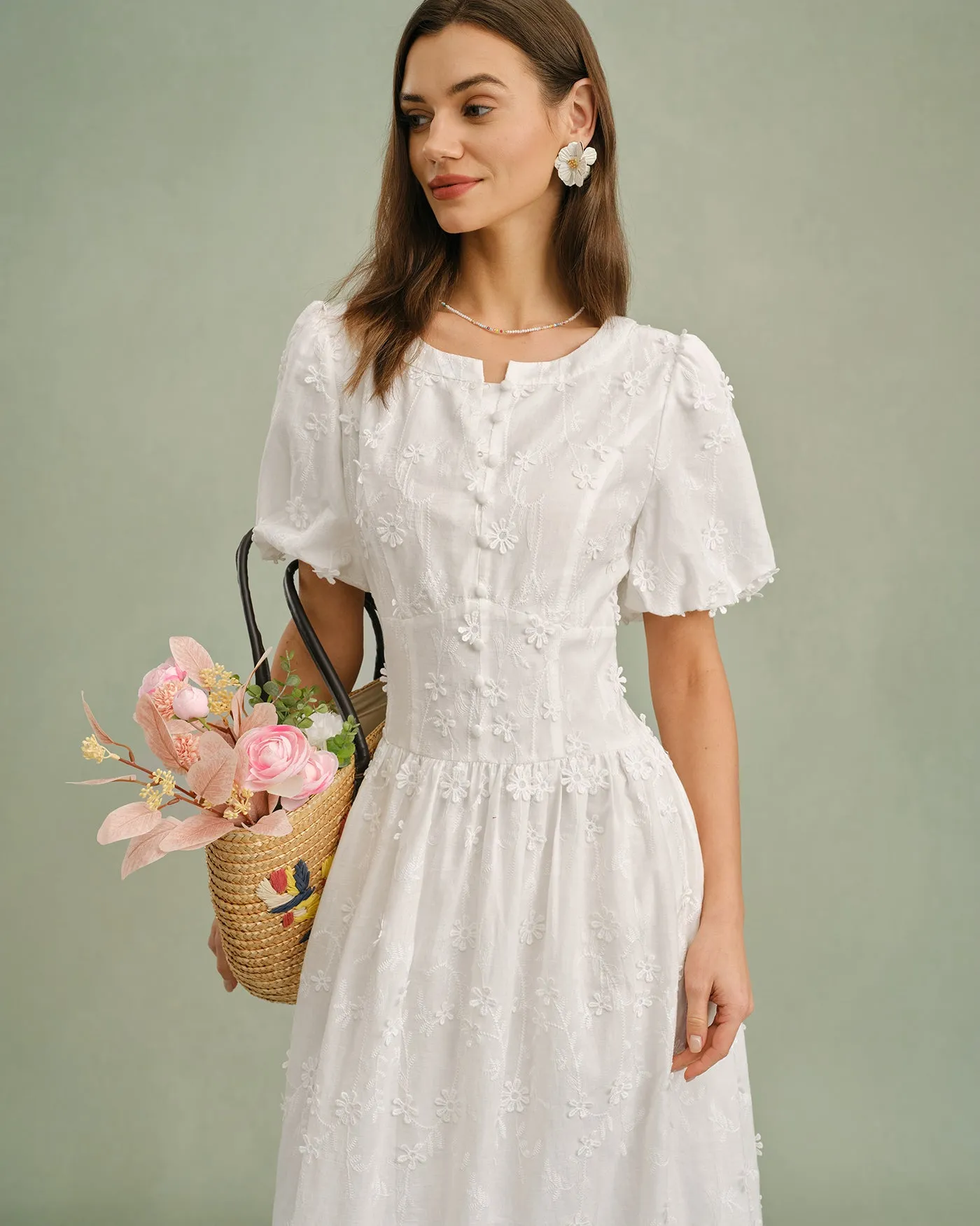 White Round Neck Floral Midi Dress sold by rihoas product image thumbnail 2