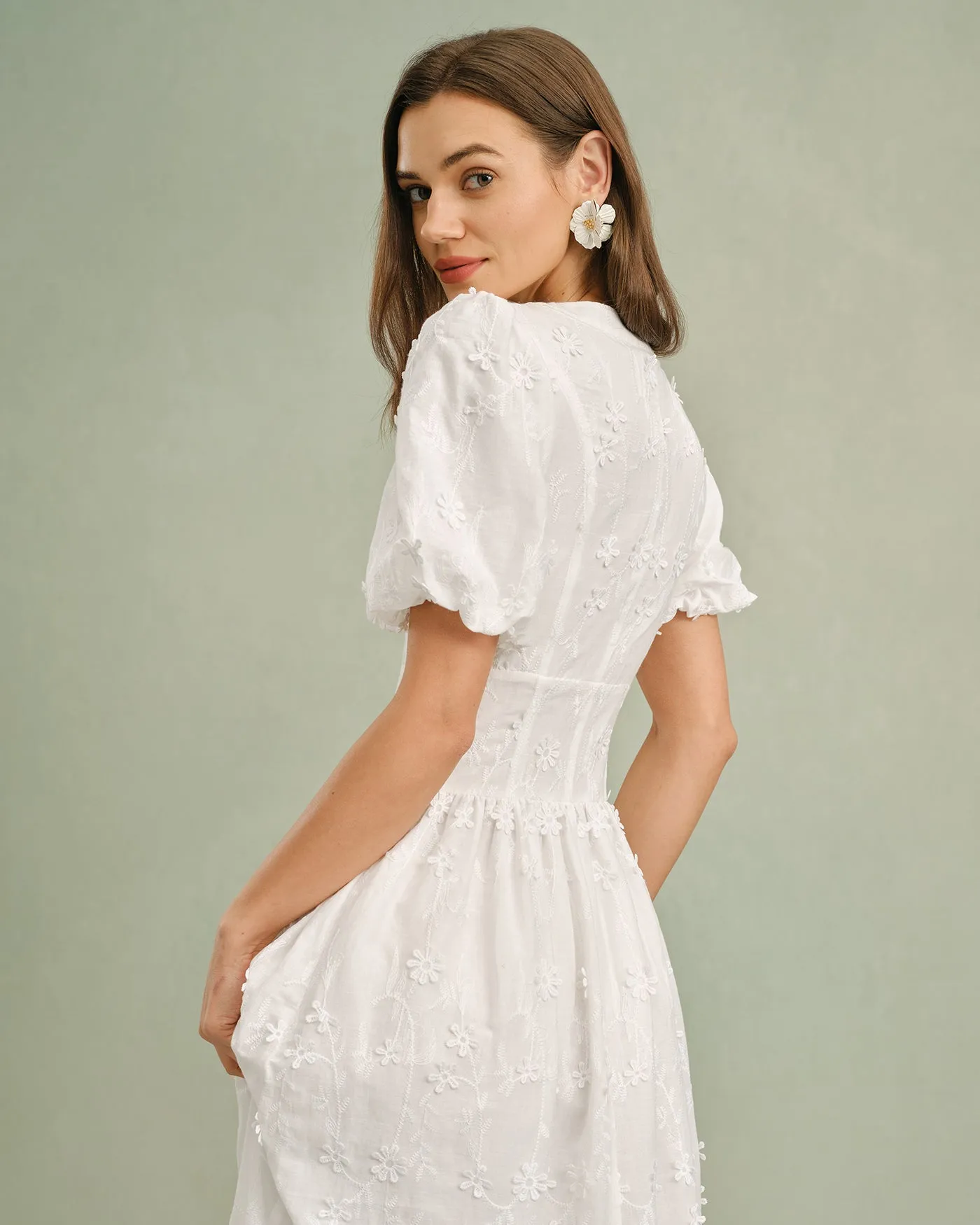 White Round Neck Floral Midi Dress sold by rihoas product image thumbnail 3