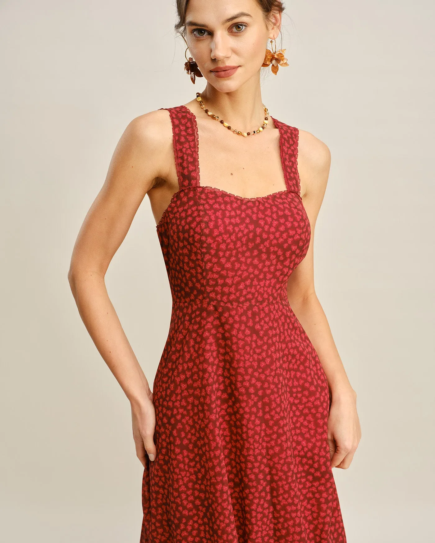 Red Sweetheart Neck Floral Midi Dress sold by rihoas product image thumbnail 4