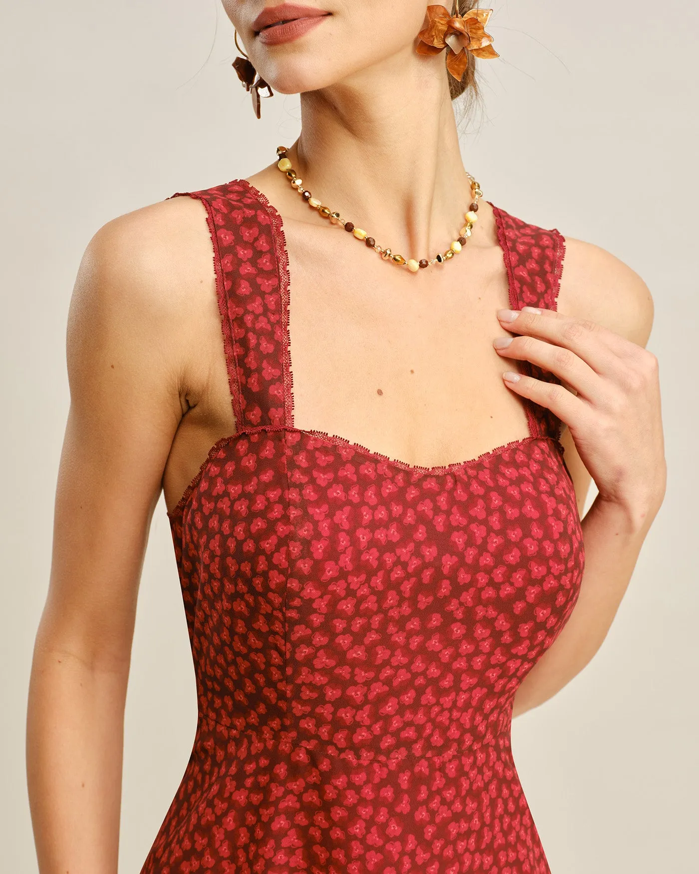 Red Sweetheart Neck Floral Midi Dress sold by rihoas product image thumbnail 3