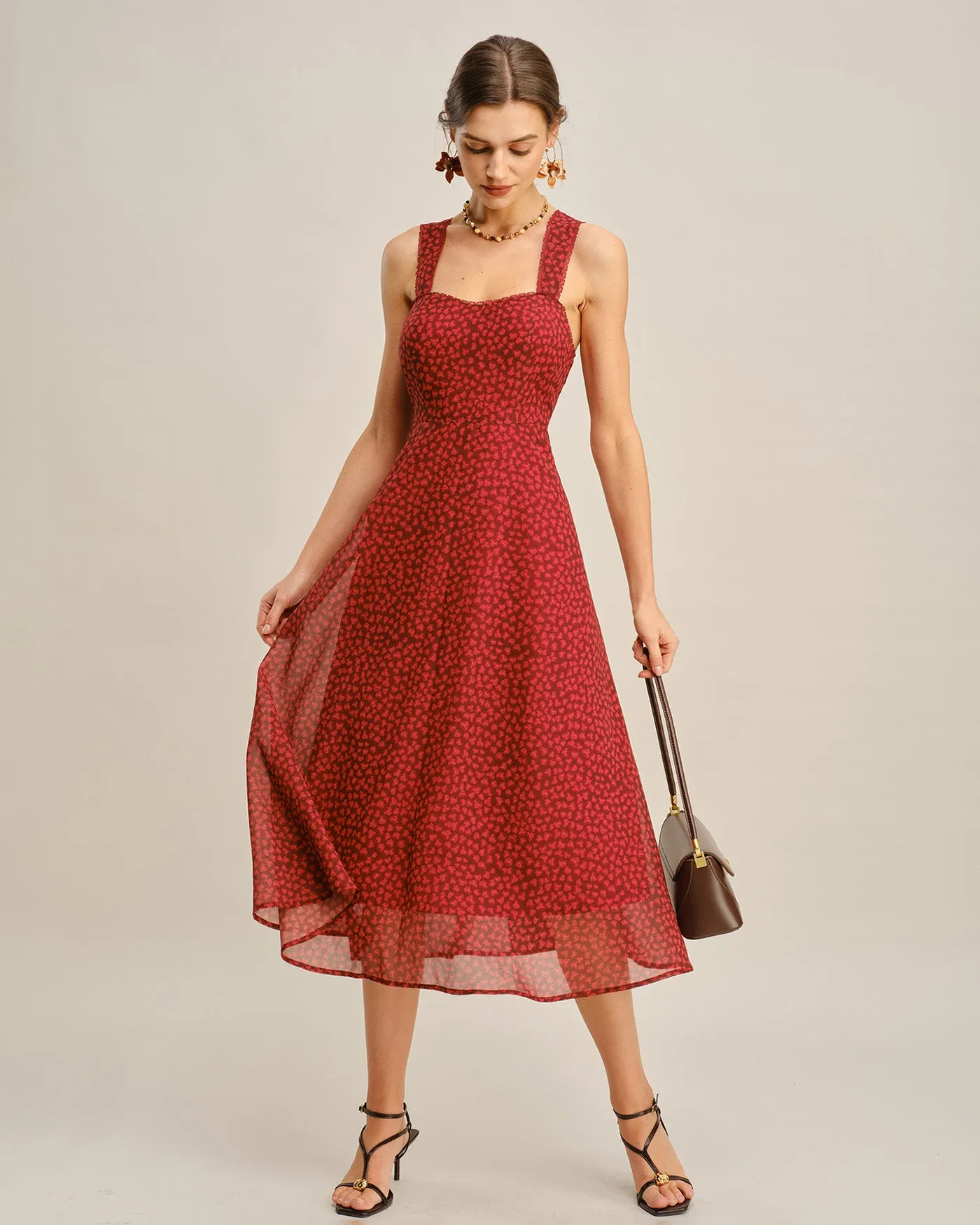 Red Sweetheart Neck Floral Midi Dress sold by rihoas