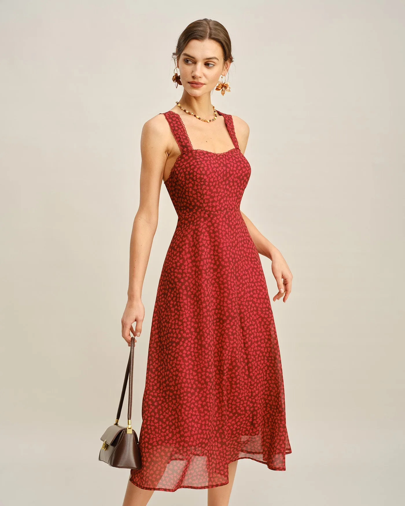 Red Sweetheart Neck Floral Midi Dress sold by rihoas product image thumbnail 2