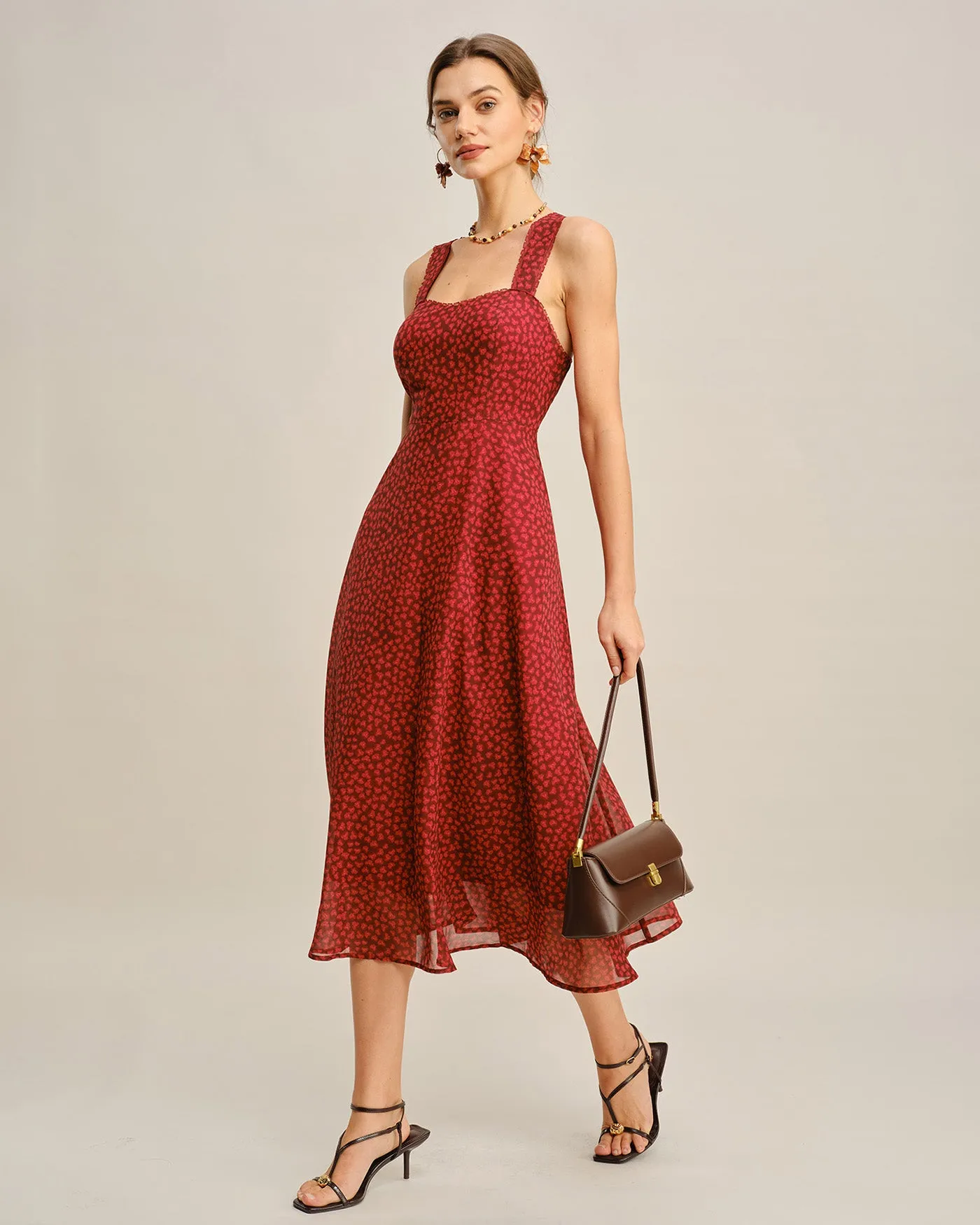 Red Sweetheart Neck Floral Midi Dress sold by rihoas product image thumbnail 5