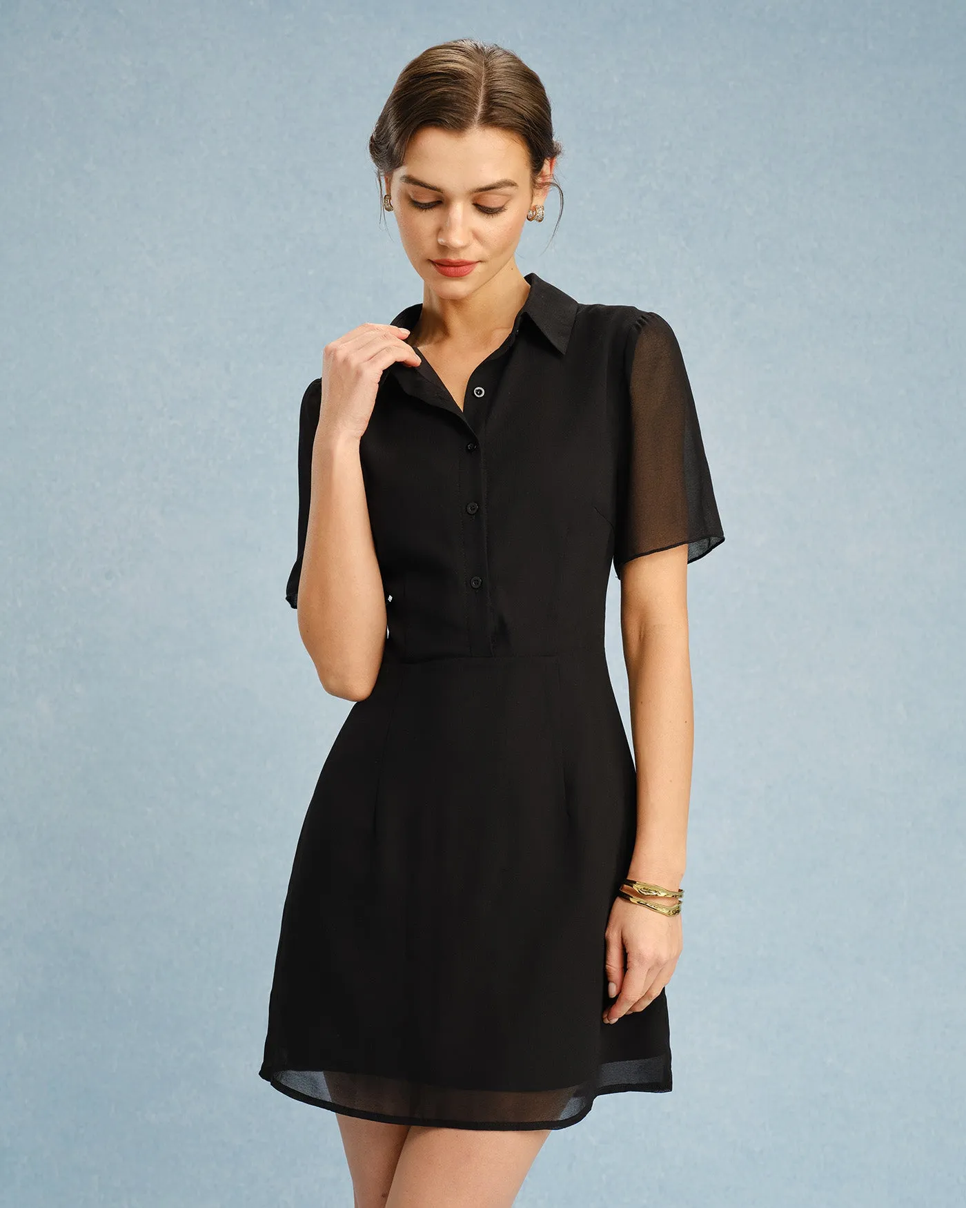 Black Button Collar Mini Dress sold by rihoas