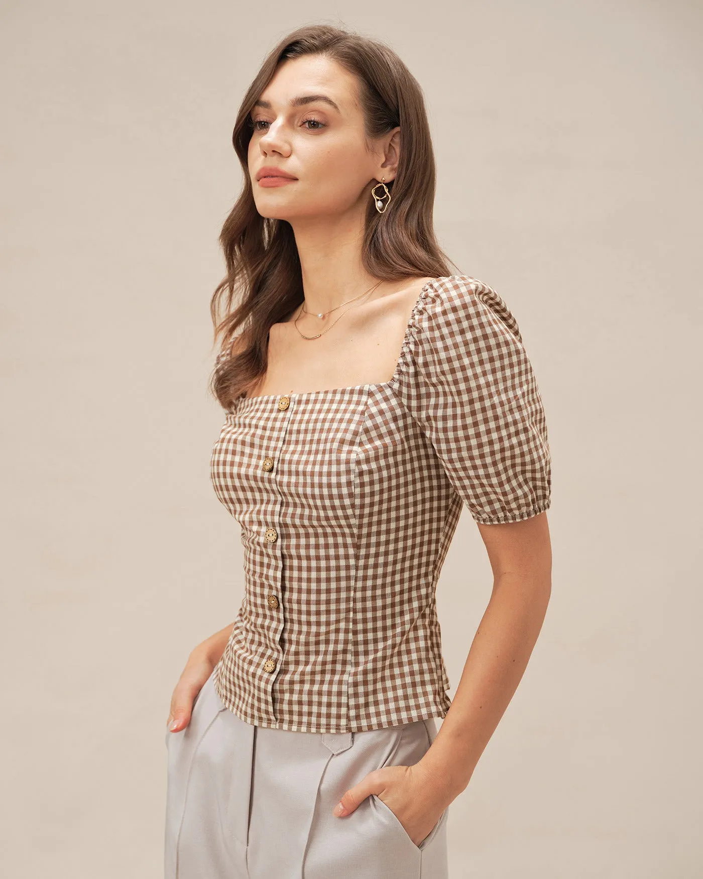 Brown Square Neck Puffed Sleeve Plaid Blouse sold by rihoas product image thumbnail 3