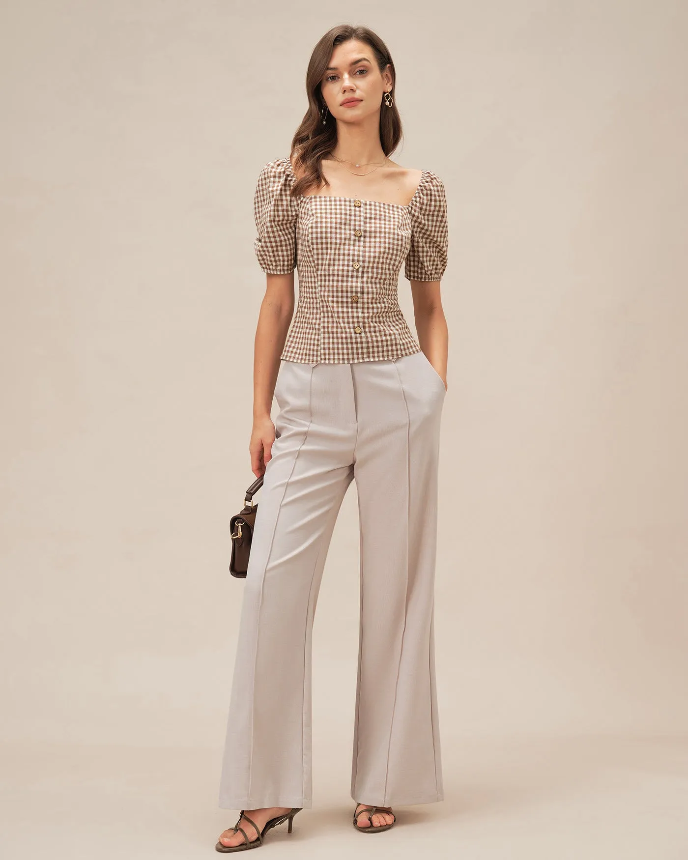 Brown Square Neck Puffed Sleeve Plaid Blouse sold by rihoas product image thumbnail 5