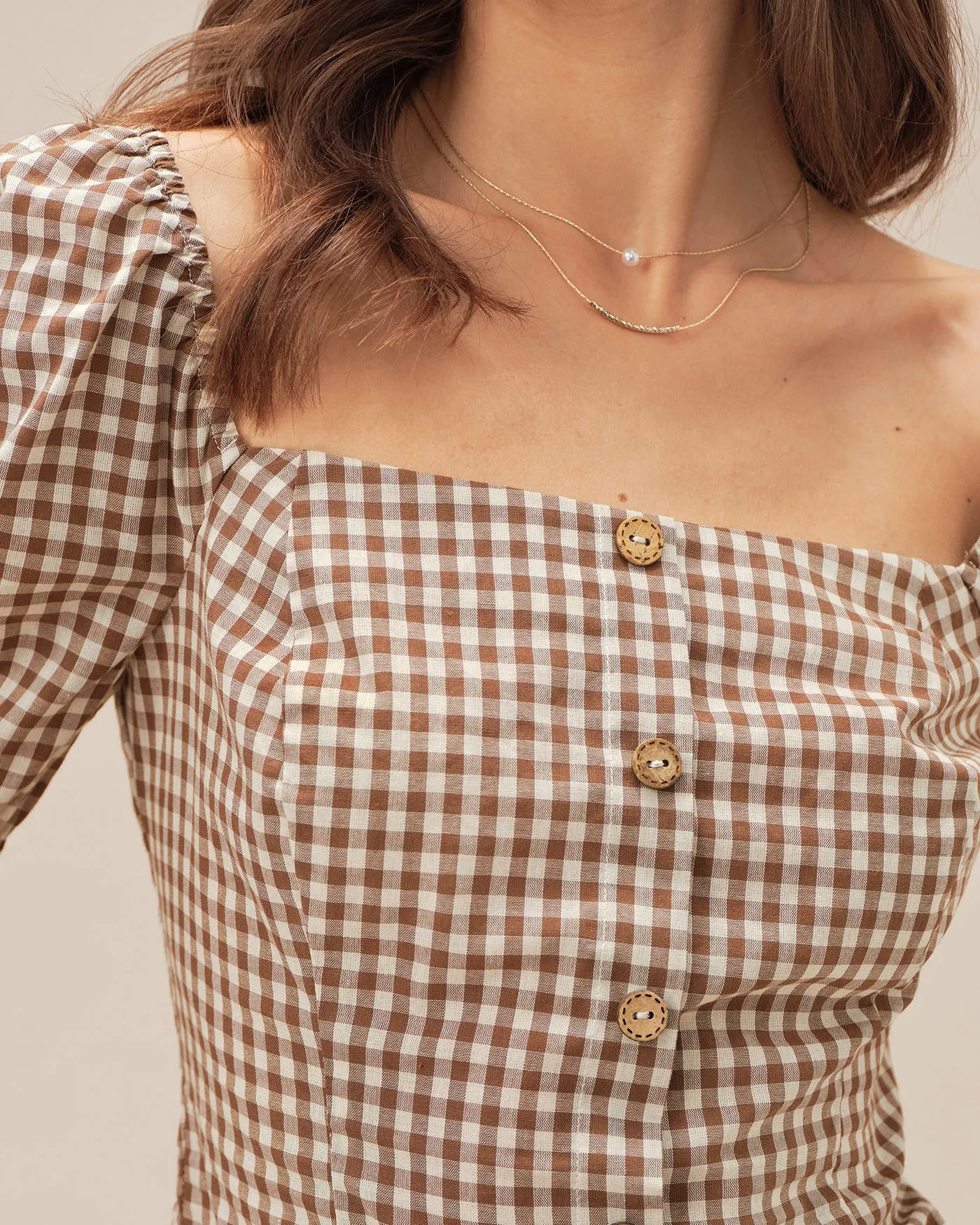 Brown Square Neck Puffed Sleeve Plaid Blouse sold by rihoas product image thumbnail 2