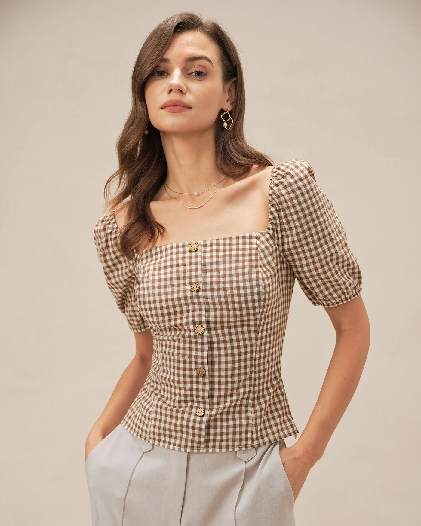 Brown Square Neck Puffed Sleeve Plaid Blouse sold by rihoas