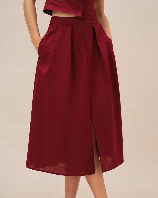 Red Ruched Slit Midi Skirt sold by rihoas