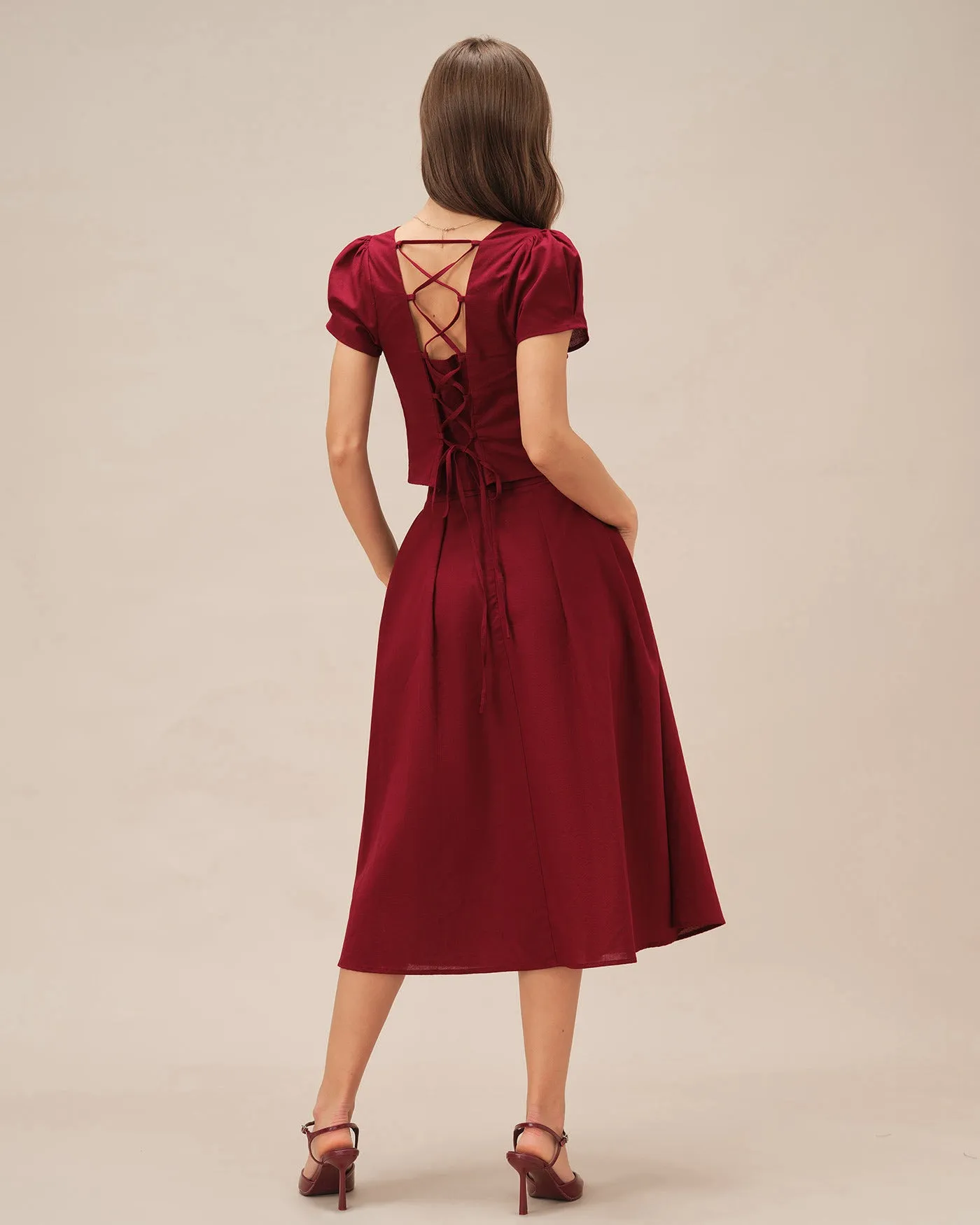 Red Ruched Slit Midi Skirt sold by rihoas product image thumbnail 5