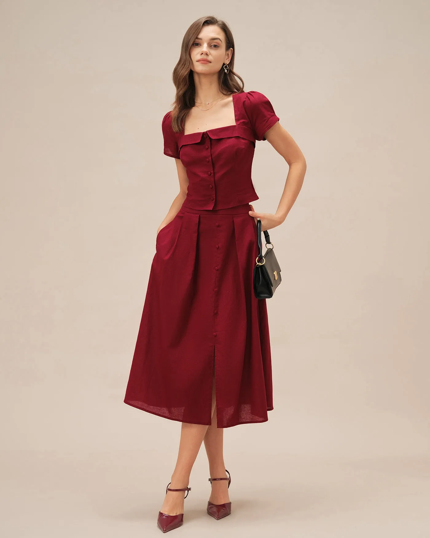 Red Ruched Slit Midi Skirt sold by rihoas product image thumbnail 4