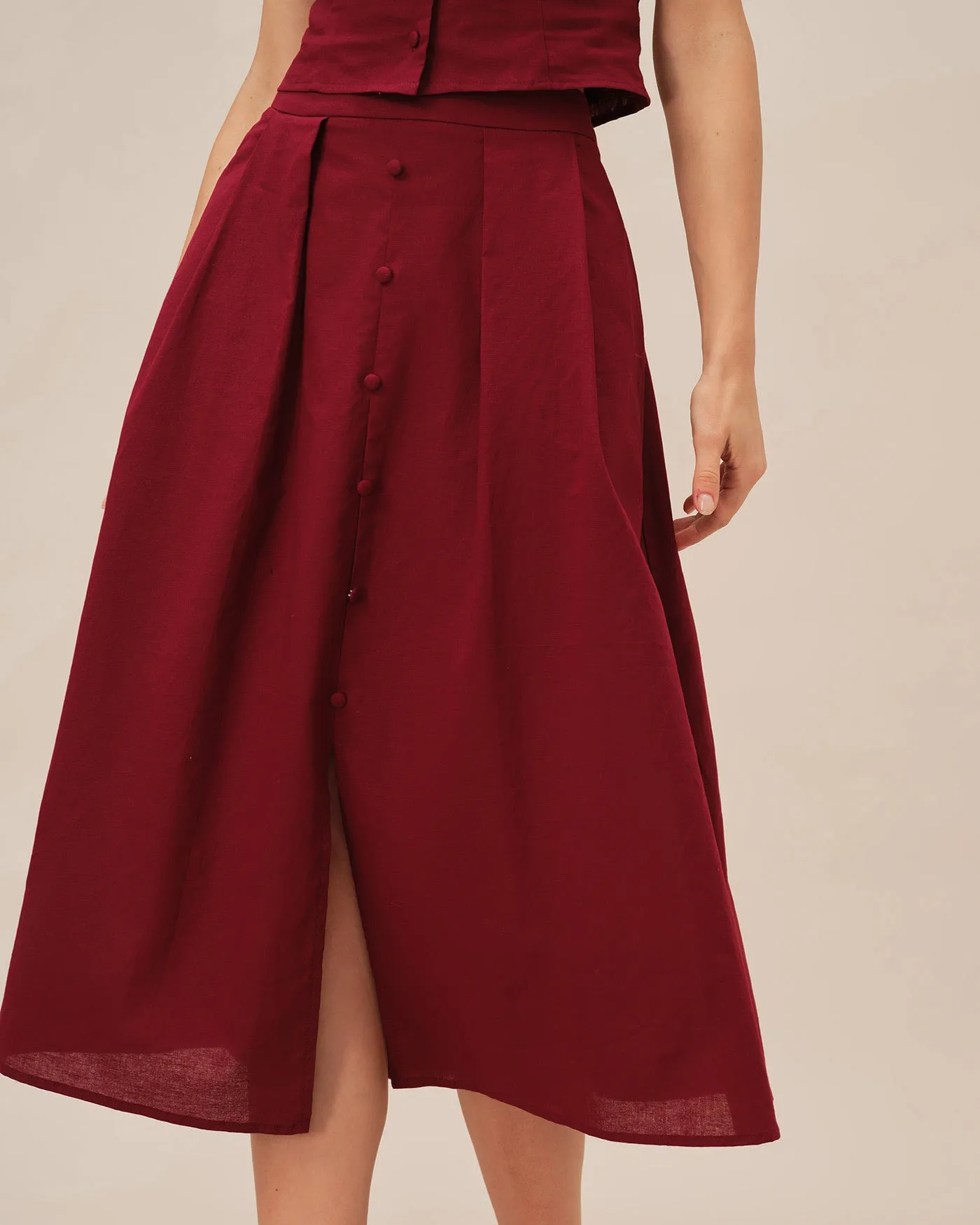 Red Ruched Slit Midi Skirt sold by rihoas product image thumbnail 2
