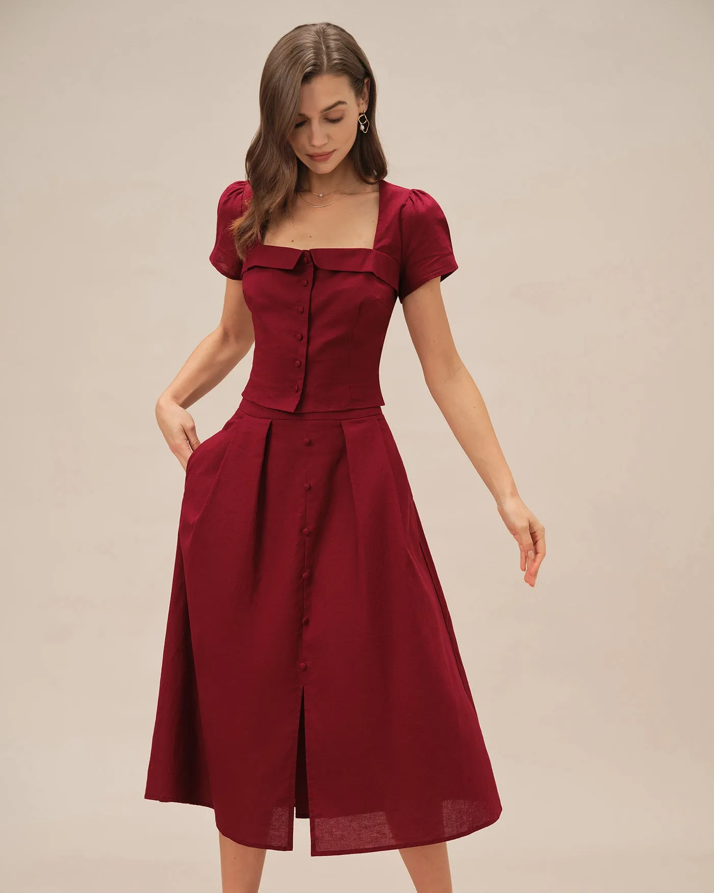 Red Ruched Slit Midi Skirt sold by rihoas product image thumbnail 3